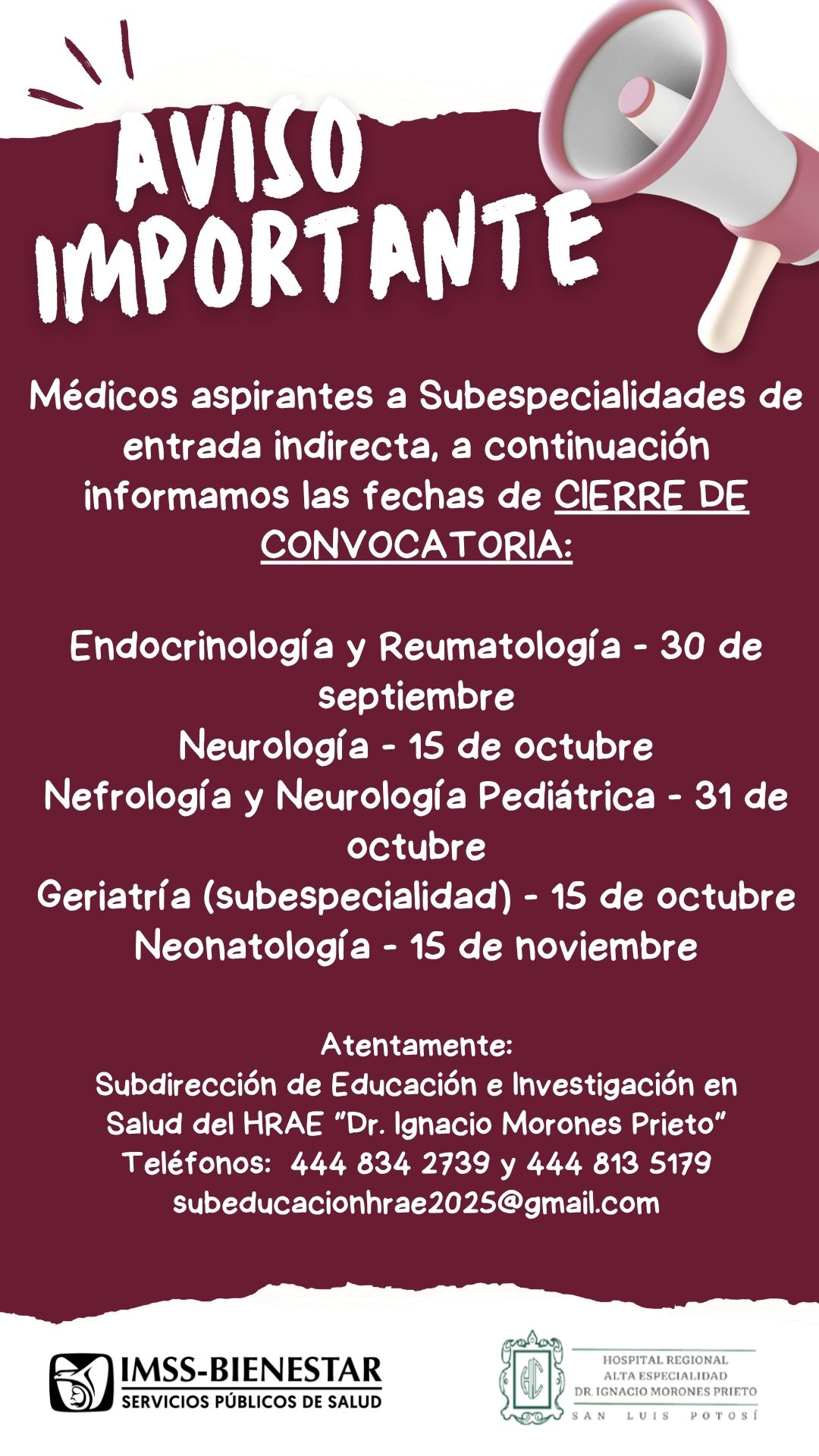 Cierre Convocatoria SubEspecialidades 2025